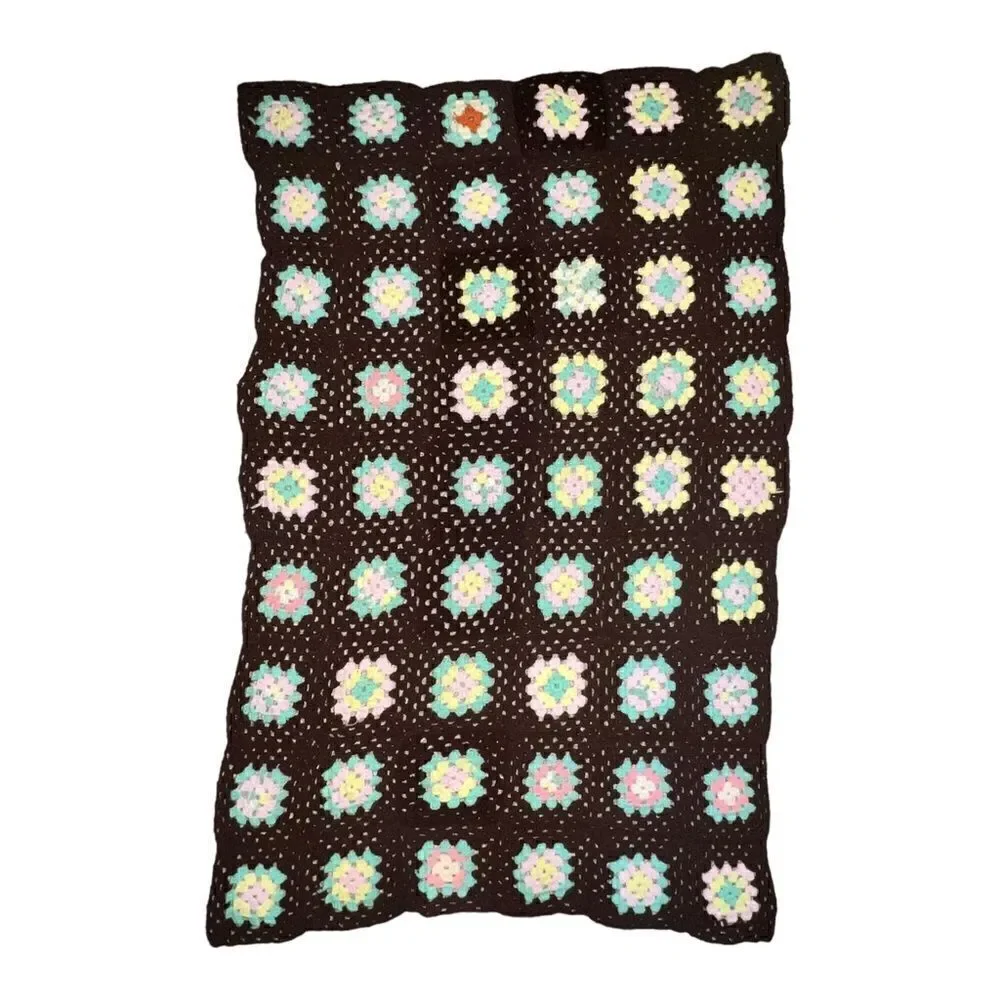 Vintage Handmade Brown Multicolor Granny Square Crochet Blanket Throw Afgan EUC